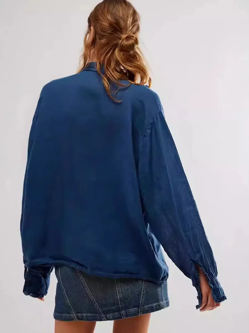 قميص نسائي فضفاض بياقة دانتيل وأكمام طويلة، نمط كاجوال من القطن الخالص، قميص مريح مناسب لموسم الخريف