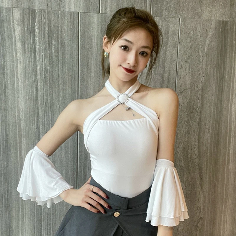 Fairy Latin Dance Tops Women Ballroom Dance Practice Clothes Halter Neck Flare Sleeves Bodysuit Rumba Samba Salsa Wear DNV18734