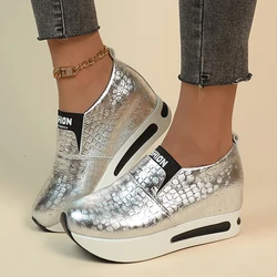 Silver PU Leather Platform Sneakers Women Casual Non-Slip Thick Sole Sports Shoes Woman Plus Size Slip-On Loafers Zapatos Mujer