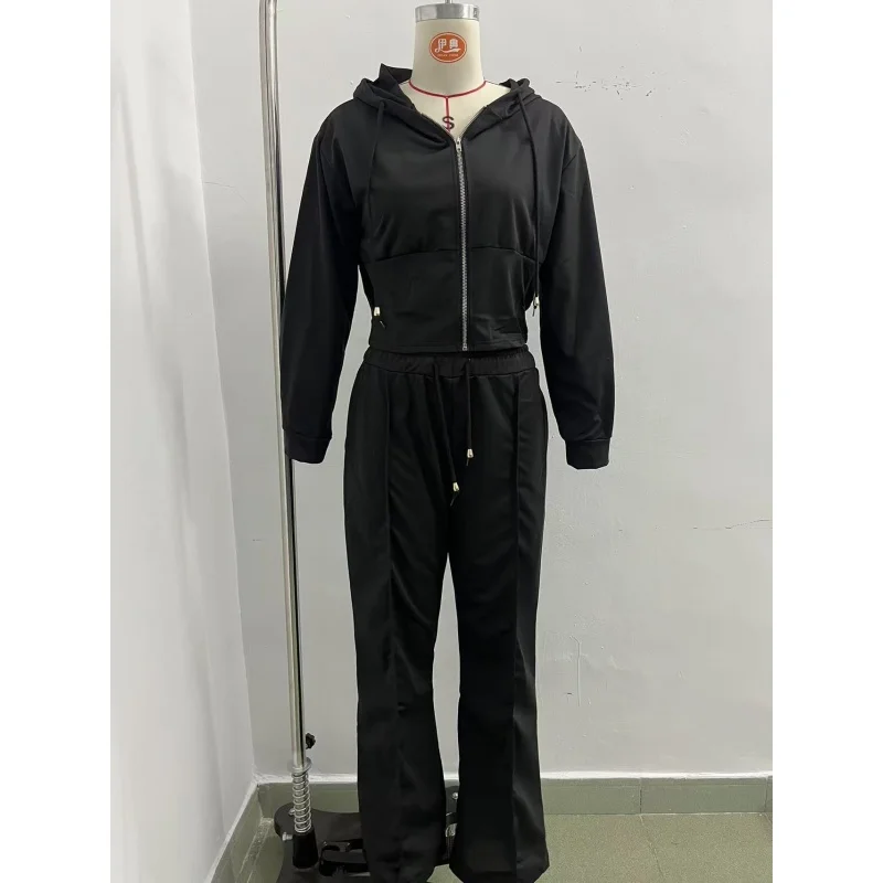 Damen 2-teiliger Trainingsanzug mit Kapuze, Reißverschluss-Crop-Jacke und hochtaillierter Schlaghose, lässiges Sport-Outfit für Damen – Detail 11