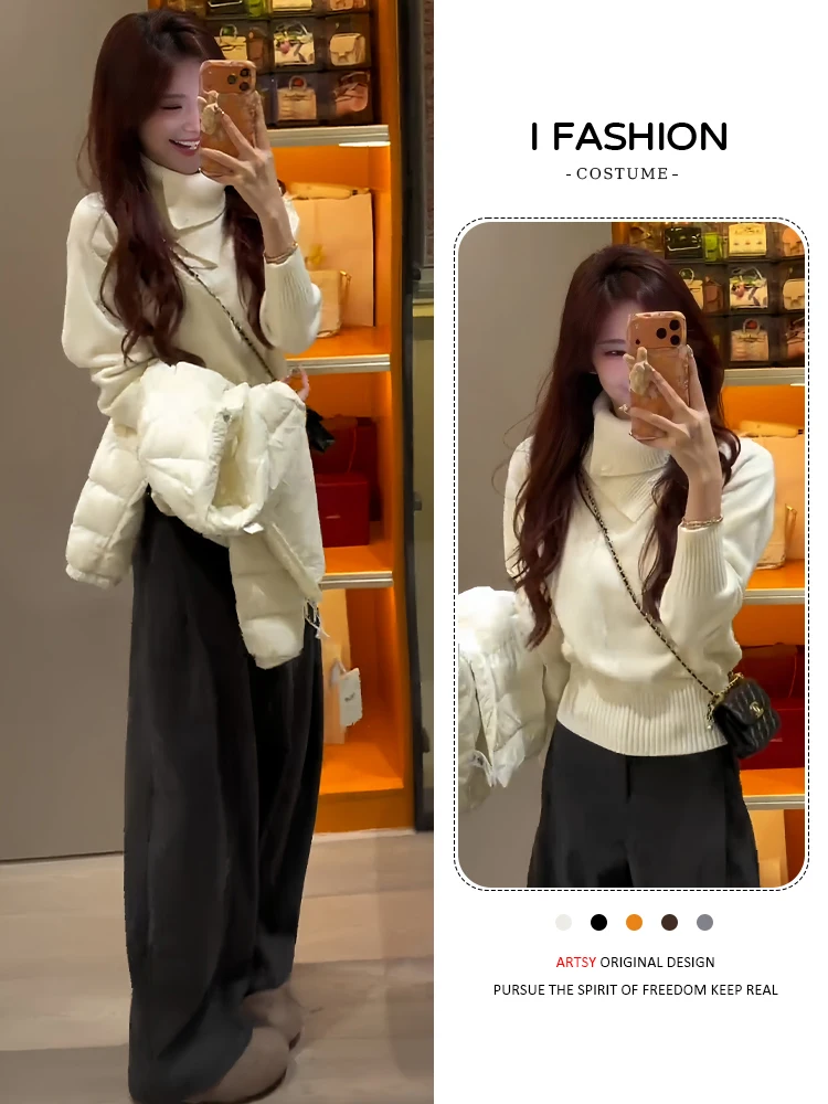 خريف شتاء جديد Sle طويل Sve محبوك سترة المرأة Faion أيقونة الحد من العمر فضفاضة تناسب عالية طوق اللون