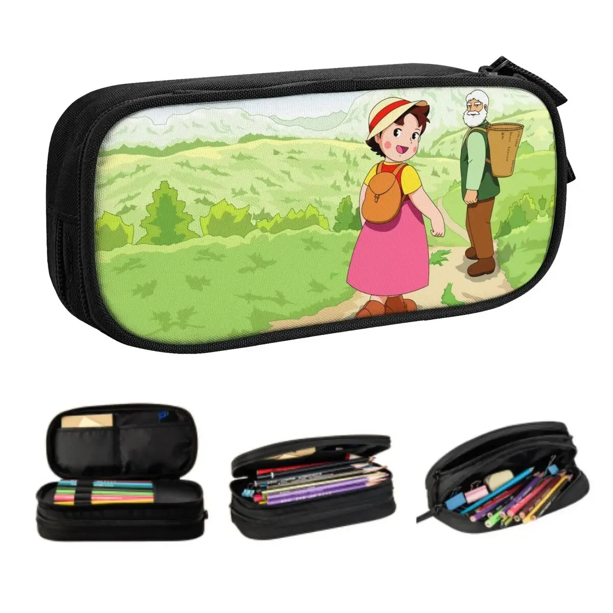 Heidi And Grandpa Together Pencil Cases for Girls Boys Cartoon Girl Alps Mountain Large Storage Pen Bag Box School Supplies