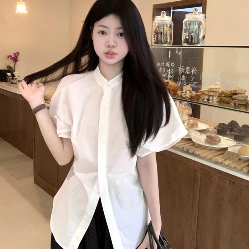 Reine Baumwolle Koreanische Frauen Hemd Sommer Weiß Preppy Puff Sleeve Lose Stricken Bluse Student Casual Süße Stehkragen Chic Neue Tops