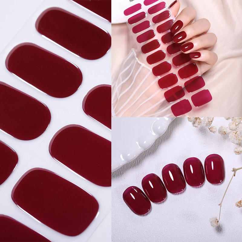 Harunouta Red Semi Cured Gel Nail Strips Nude Solid Color Full Cover Nail Stickers Gel Polish Press on Nail Need Nail Dryer Cure