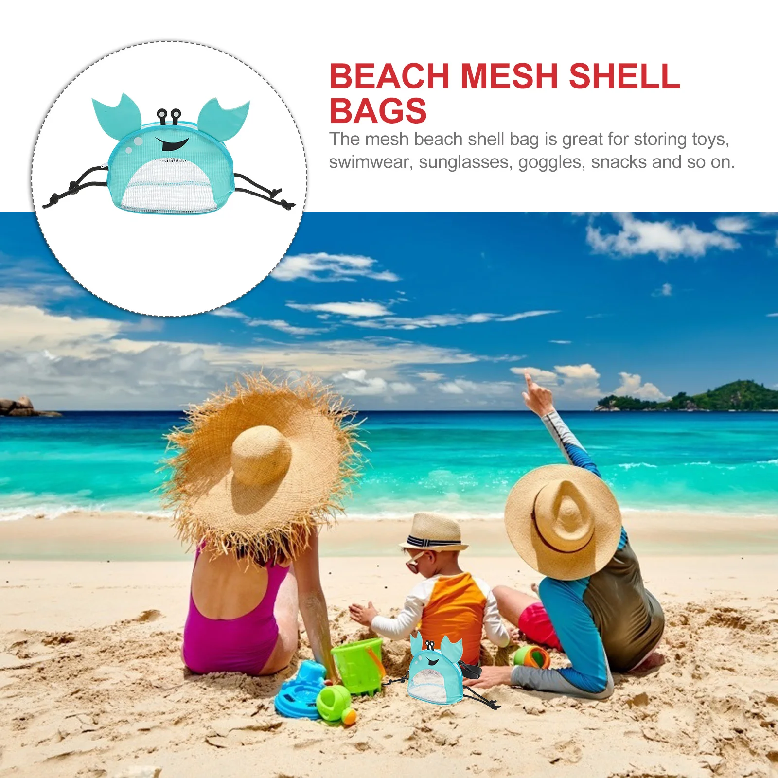 Saco de praia de caranguejo, malha de brinquedo infantil, sacos de coleta de concha de plástico para suporte de concha pequeno