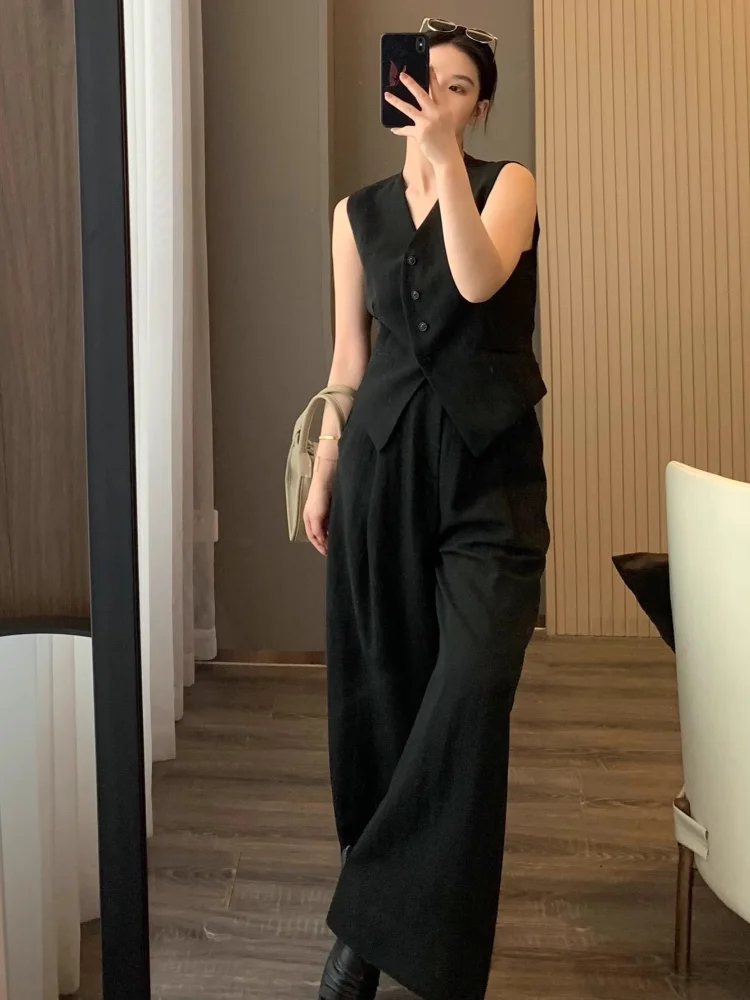 Casual Solid Color Blouse Pants Women V-neck Sleeveless Single Breasted Lace Up Tops Wide Leg Trousers 2025 New Street Outfits