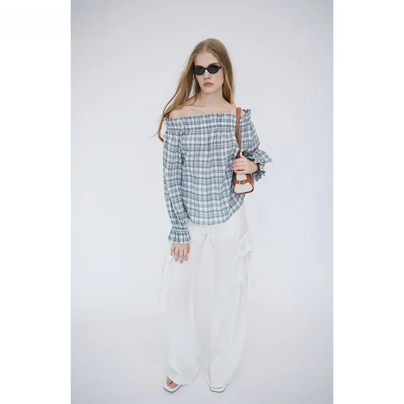 

MDNOTE Plaid One-oulder irt Capsule Collection Early Autumn 2025 Casual Sle Pure Cotton Long Sve Women's irt