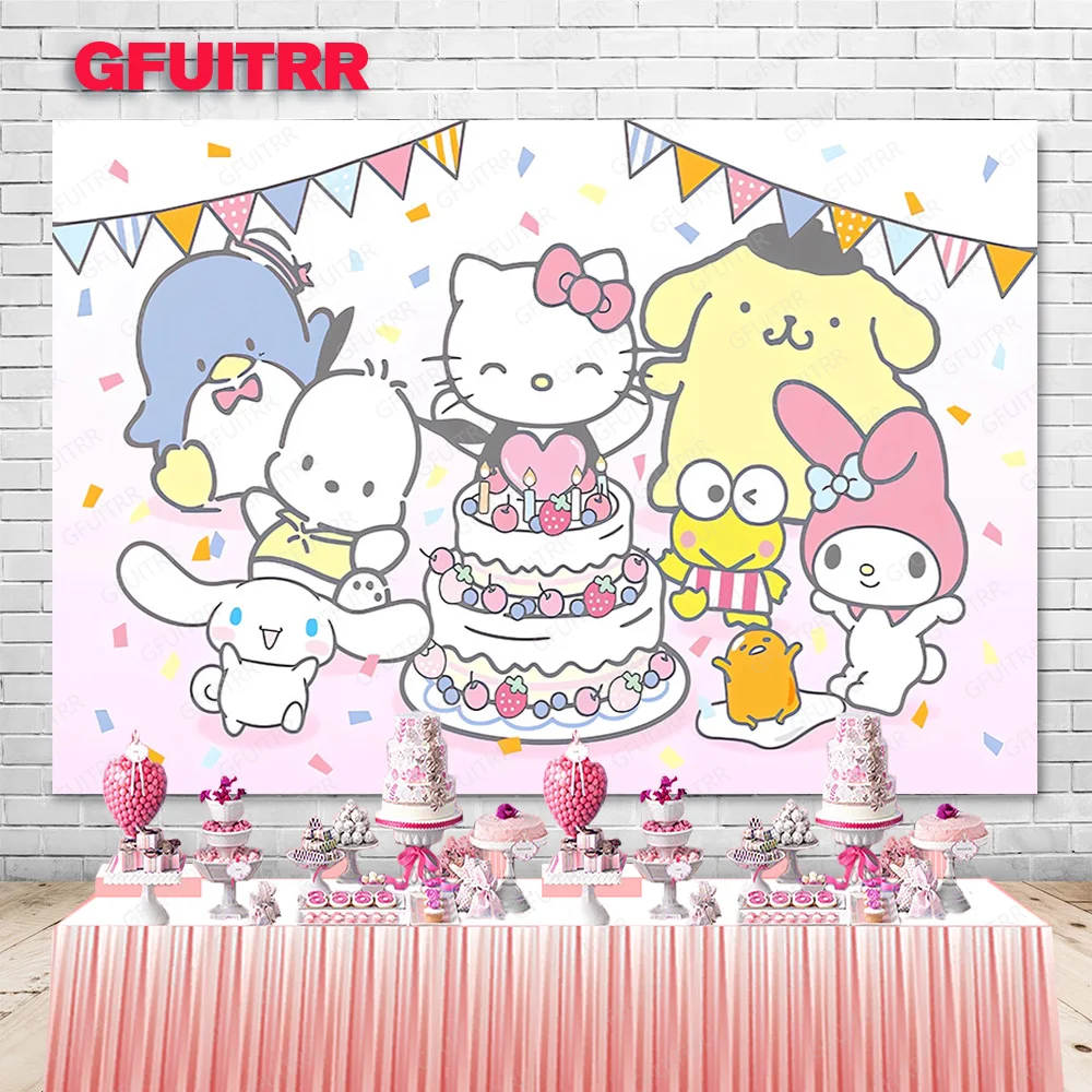 خلفية التصوير الفوتوغرافي Hello Kitty الوردية ، ديكور عربة الكرتون ، مستلزمات كشك الاستوديو ، حفلة عيد الميلاد ، استحمام الطفل ، فتاة