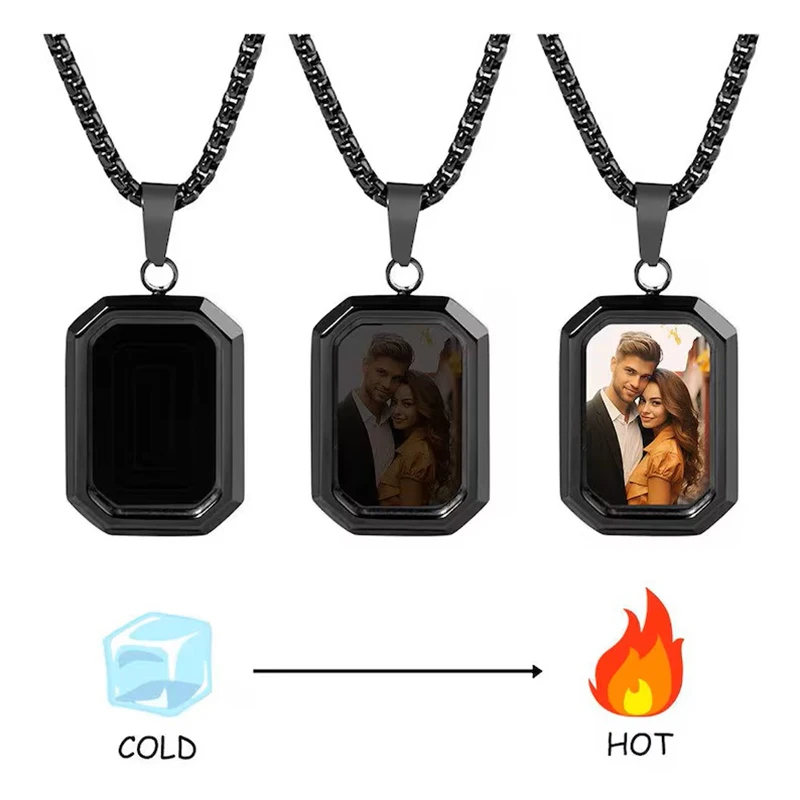 

Personalized Temperature-Sensitive Photo Necklace Stainless Steel Custom Pic Engrave Text Rectangle Pendant Necklace for Couple