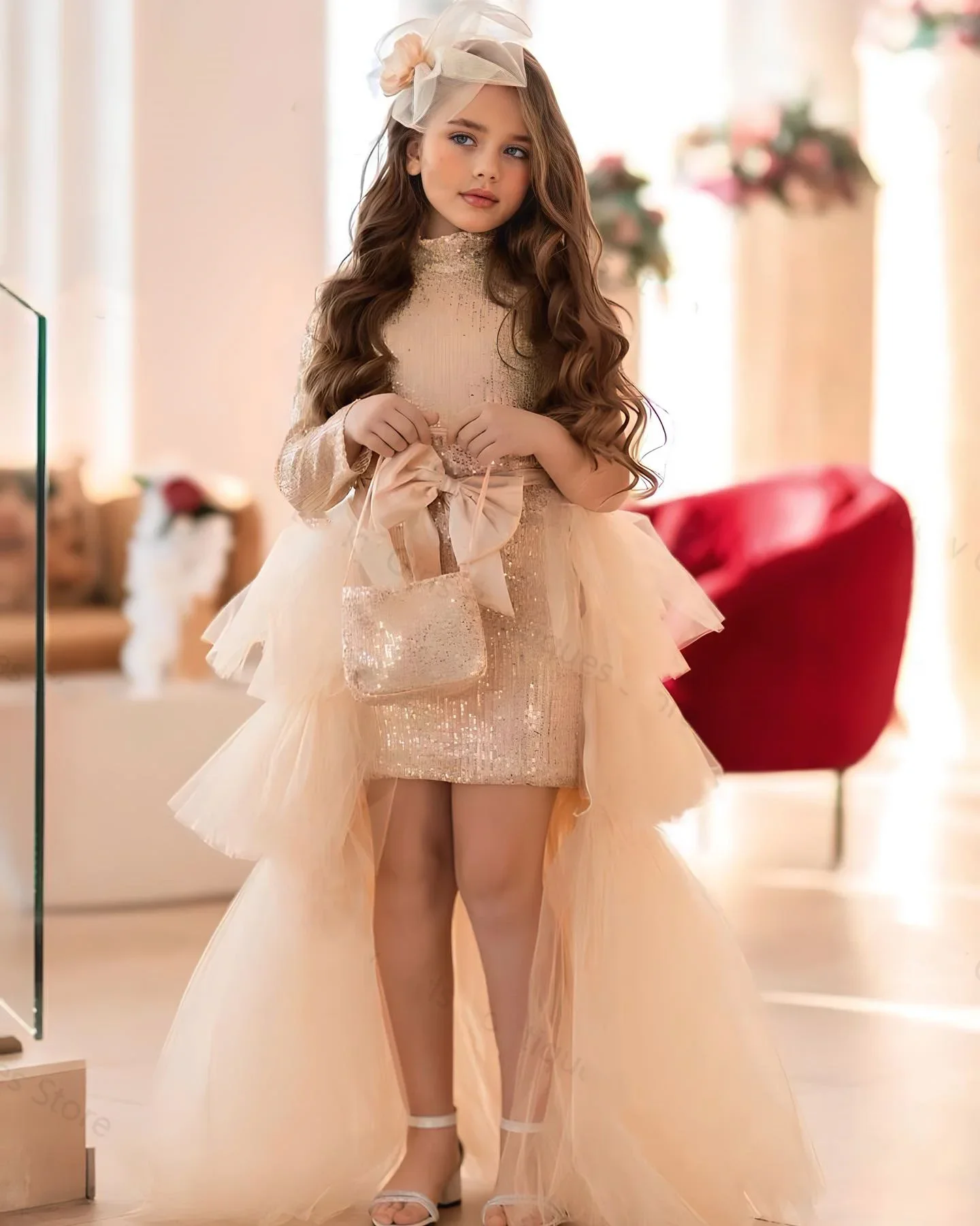 Elegant Flower Girl Dress For Wedding One Shoulder Sequins With Detachable Train Birthday Party First Communion Ball Gowns