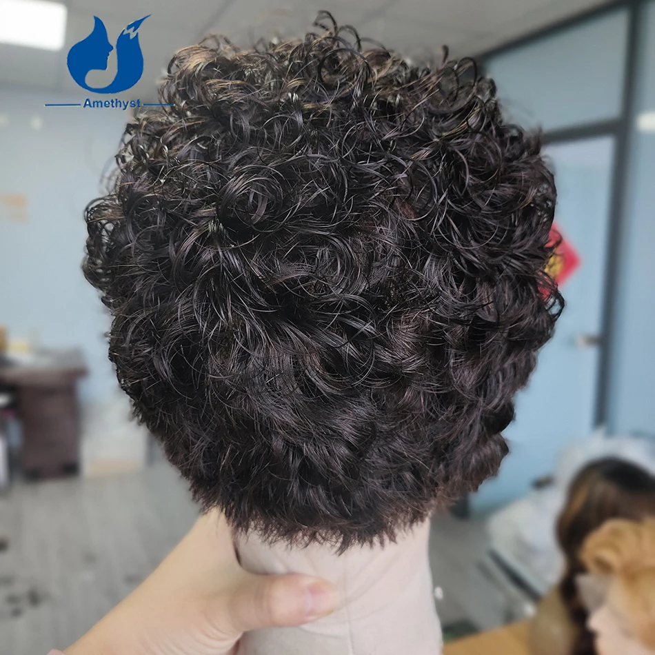 

Amethyst Curly Shaved Black Human Hair Wig Short Pixie Cut Brazilian Remy Hair Full Lace Wig with Bangs Pre Plucked for Men