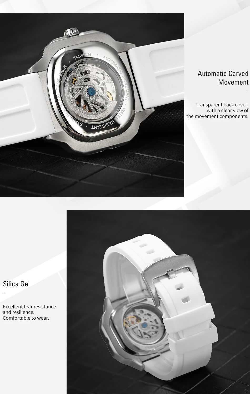 2024 FORSINING Square Skeleton Mechanical Genuine Men Watch Automatic Movement Clock White Sports Waterproof Luxury Male Watches