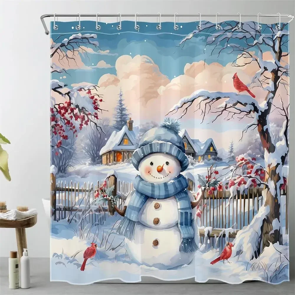 Winter Snowman Shower Curtain Funny Elk Squirrel Forest Pine Trees Snowy Scene New Year Christmas Decor Fabric Bathroom Curtains