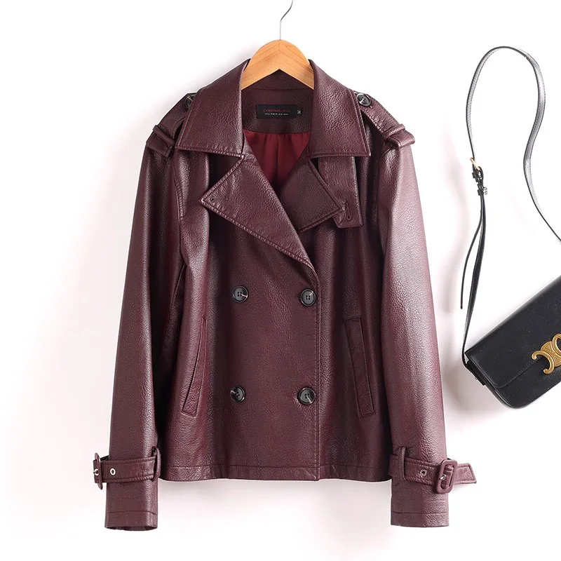 New Women Split Leather Jacket Spring Autumn Fashion Double Breasted Loose Short Trench Coat Casual Leather Jacket Female