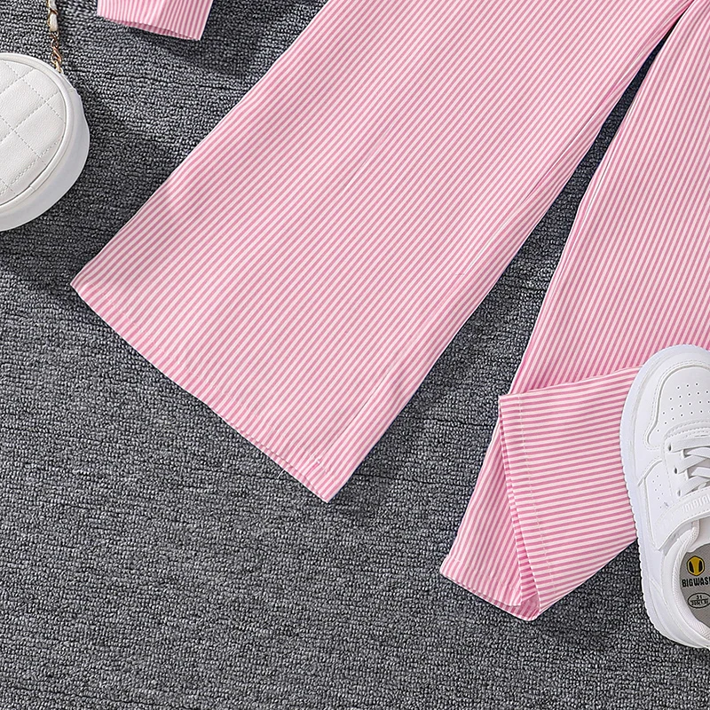 Kids Costume Suit For 4-12 Years Girls Pink Striped Long Sleeve Lapel Cardigan Shirt & Pants Daily Causal Style Comfortable Suit