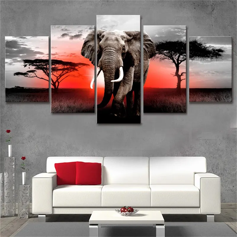 5 pezzi Walking Elephant Sunset Africa prateria scenario Canavs pittura stampe Poster soggiorno Wall Art Cuadros No Frame