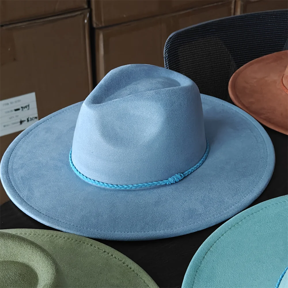 جديد اللون من جلد الغزال عادي فيدورا قبعة للجنسين الكنيسة الجاز قبعة بنما قبعة لباد قبعة الزفاف الملونة مضفر حزام الملحقات