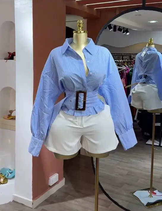 Women's Clothing 2025 Autumn New Design Lapel Waist Cinching Lace Up Short Striped Long Sleeved Shirt Commuting Elegant Shirt
