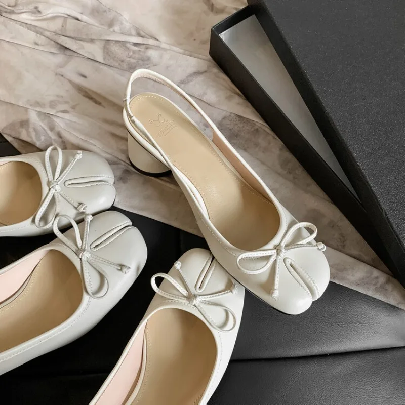 

Summer New Black White Elegant Tabi Split-toed Ballet Shoes Bow Mary Jane Thick Heel 3CM High Heel Tabi Flats Large Size 42