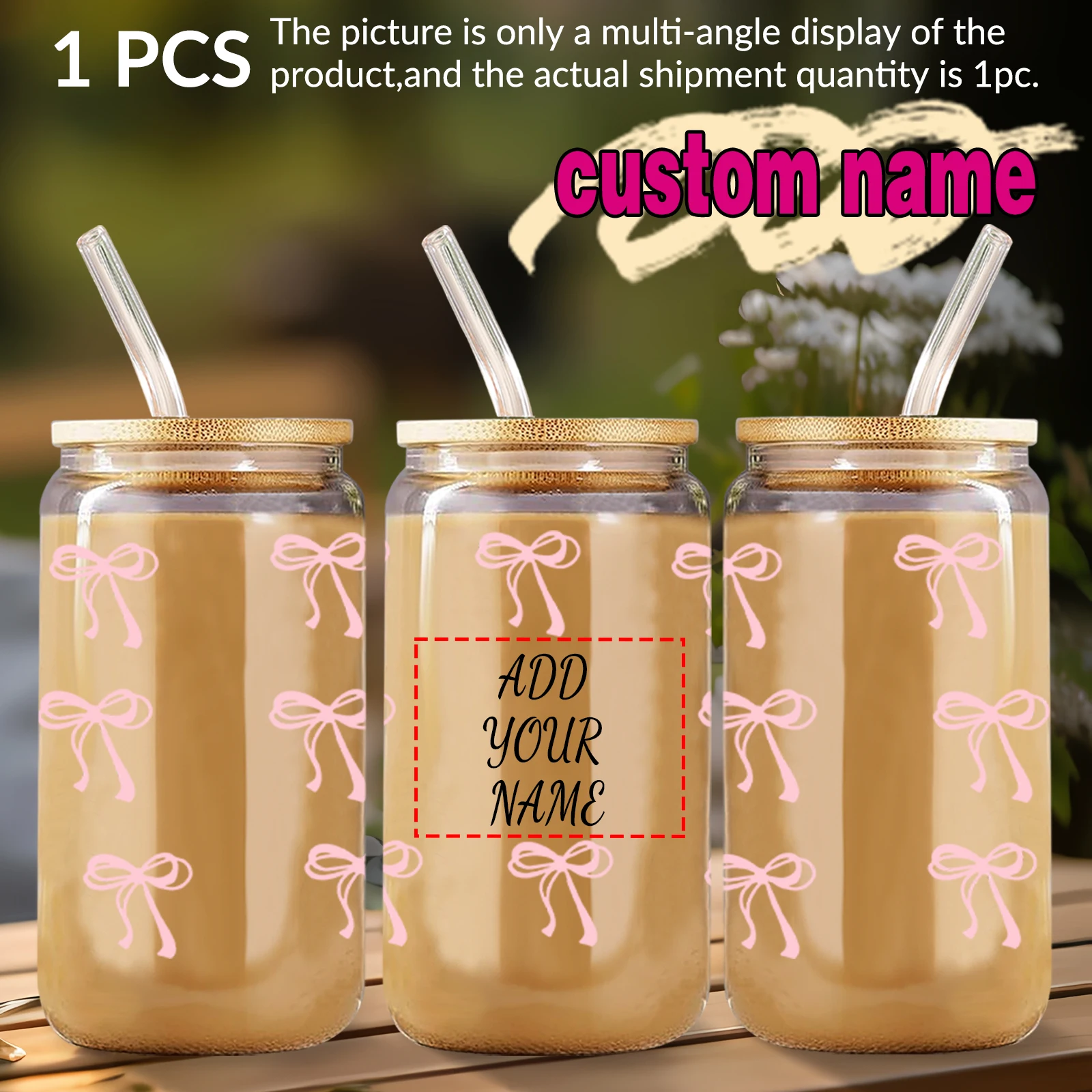 1pc custom name bow printing 16oz glass bamboo cover glass straw drink cup birthday back-to-school gift
