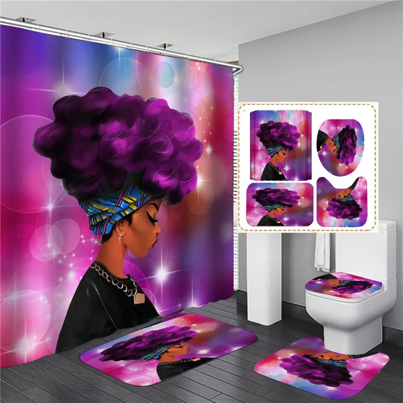 Elegant African Black Woman Print Shower Curtain Set American Girl Polyester Bathroom Curtains Anti-slip Bath Mats Carpets Rugs