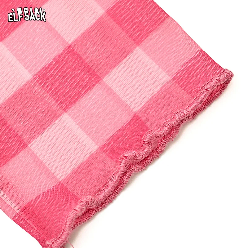 ELFSACK 2025 Summer New Arrival Sweet Cool Y2K Checkered Printed Mesh Design Sense Top Long Sleeve T-Shirt For Women