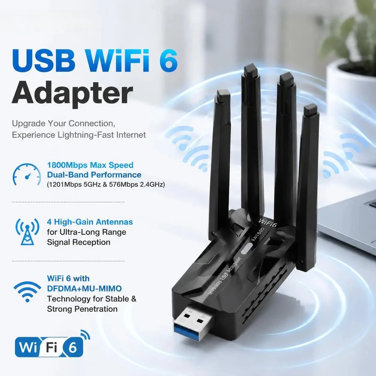 WiFi 6 USB 3 0 Adapter 1800 Mbps Dual Band 5 GHz 2 4 GHz Wireless Network Card 4 High Gain Antennas USB Dongle for PC Desktop Laptop Gaming Windows 11 10 Long Range Signal Receiver Great for Gaming Streaming and Video Calls