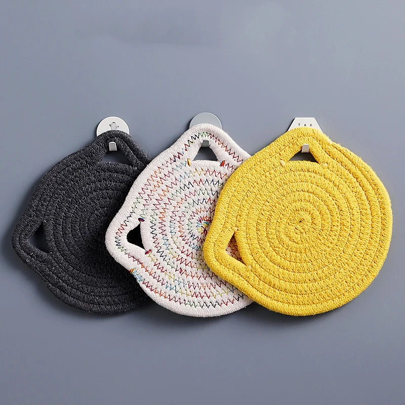 Hand-woven Cat Ear Coasters Creative Heat Insulation Non-slip Anti-scald Mat Japanese Simple Placemats Kitchen Useful Novelties