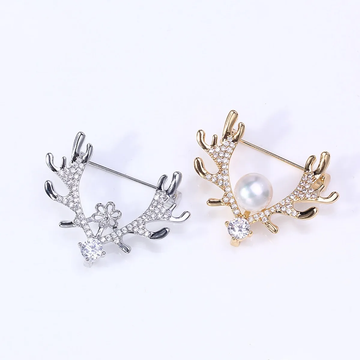 Antler Shape Zircon Inlaid Brooch Blank Tray, Brass Gold Plated Findings for DIY Pearl Brooch