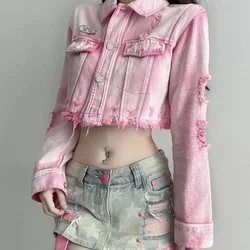 Hot girl pink washed hole denim jacket women's autumn and winter new loose fashion temperament jacket brand denim jacket