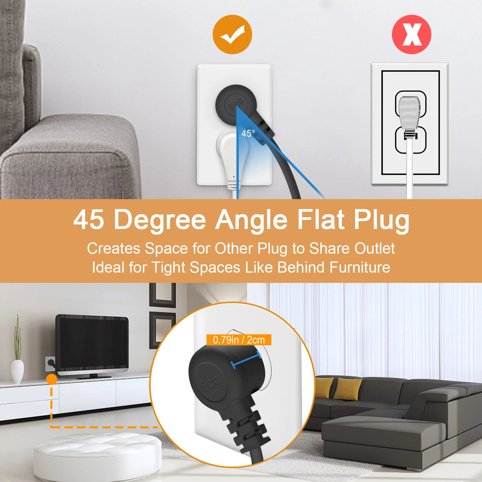 Flat Plug Power Strip 4Ft Long Extension Cord,  4800J Surge Protector, 8 AC Outlets Ports for Home and Office Black