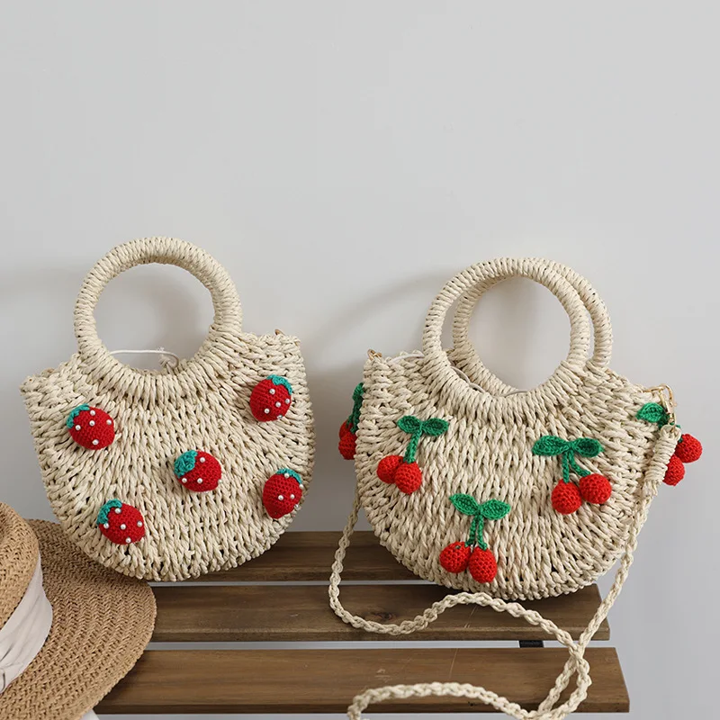 

Cute Strawberry Deco Small Basket Bag Funny Cherry Paper Weave Women Handbags Handmade Summer Beach Bag Mini Bali Purses 2025