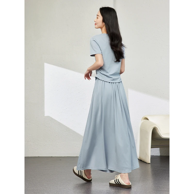 VIMLY Summer Casual Skirt Set Woman Outfits Cotton Short Sleeve Top Elastic Waist Skirt Two Piece Solid Women Skirt Set M7669