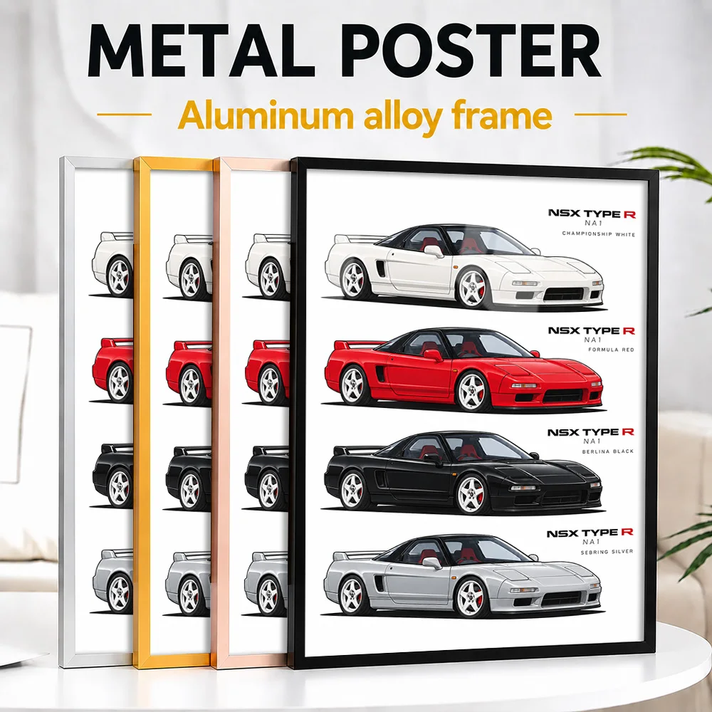 Póster metálico con marco de un coche deportivo japonés NSX Type R NA1, disponible en cuatro colores originales de fábrica. Arte mural personalizado con motivos de la historia del automovilismo, ideal para el garaje.