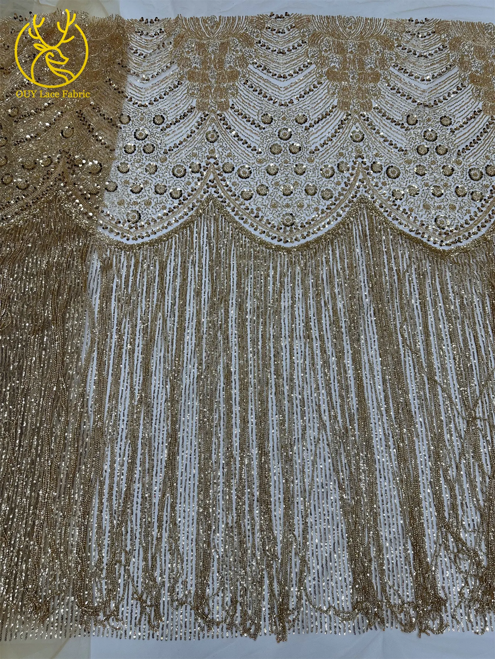 Goldener Afrikanischer Nigerianischer 3D-Perlen-Spitzenstoff 5 Yards Französischer Pailletten-Tüll Stickerei-Kleiderstoff für Damen Party Hochzeit Kleid Nähen – Detail 8