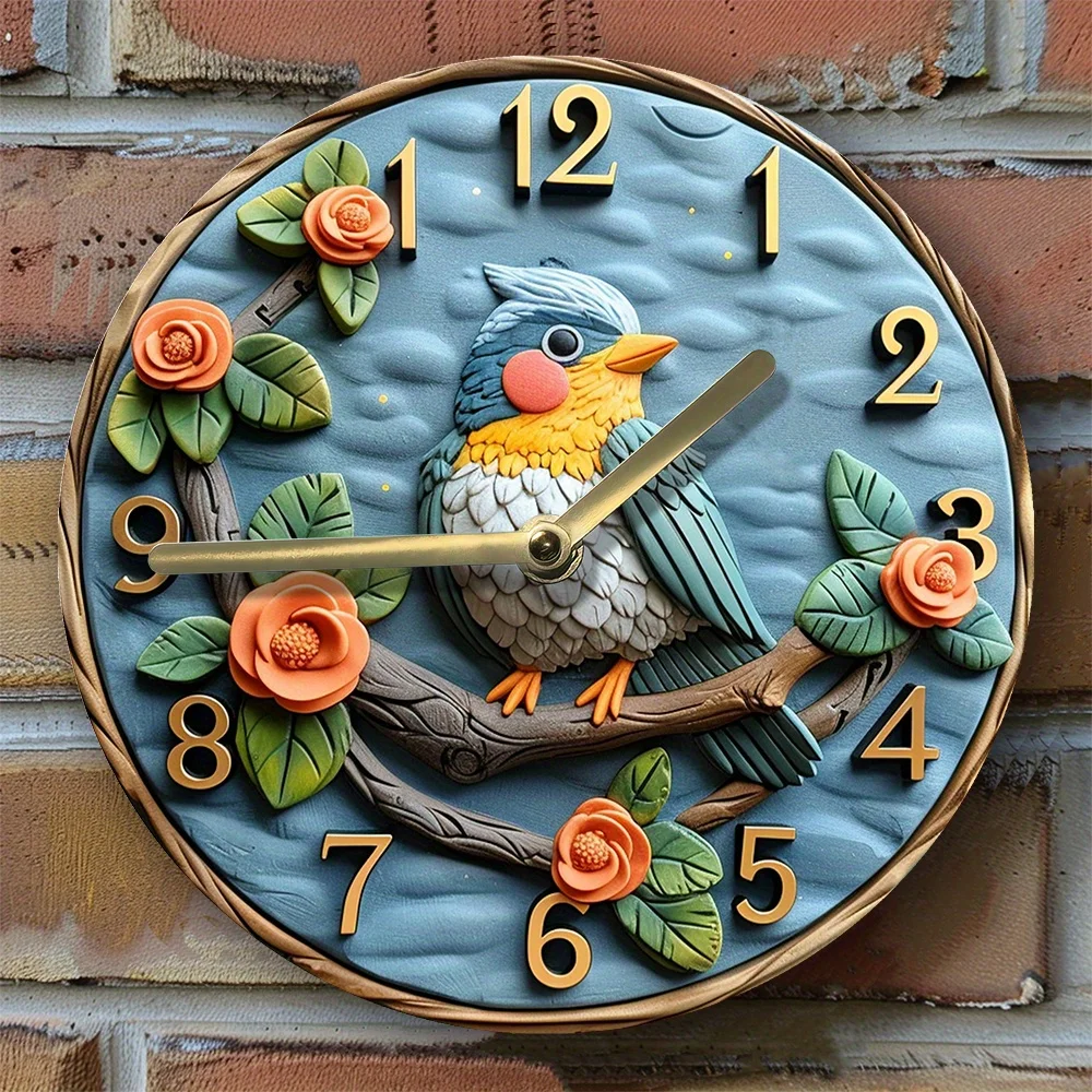 Robin Bird Wall Clock with 3D Effects – ecorative Timepiece for Living Room – Autumn Floral Theme with High-Definition Printing