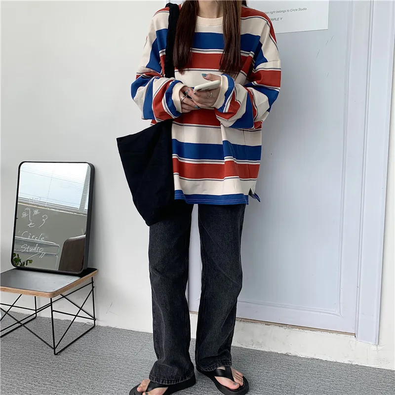 Striped T Shirt for Women 2026 Fall Winter Thin Loose Fit Long Sleeve Rainbow Stripe Casual Blouse Tee Top Plus Size Streetwear