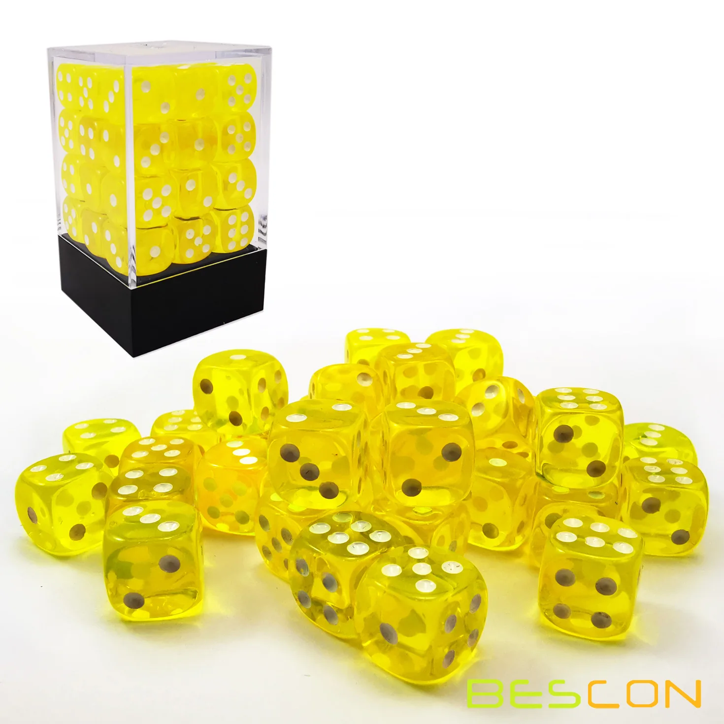 Bescon 12mm 6 Sided Dice 36 in Brick Box, 12mm Six Sided Die (36) Block of Dice, Translucent Yellow with White Pips