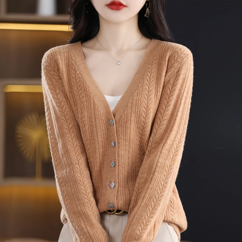 100% Wool Cardigan Womens Clothing V-neck Sweater Female Long Sleeve Tops Knitted Korean Fashion Warm New In Outerwear Cardigan