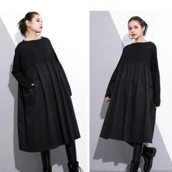 High-end Black Dress Women's Clothing Patchwork Fat Lady Dresses Spring Autumn Oversized Pleated Long Sleeve O-neck Design Dress
