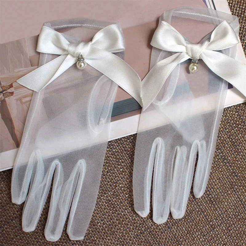 Bridal Gloves for Women Short Bow Wrist Gloves Formal Gloves Special Occasion Accessories with Pearl Pendants