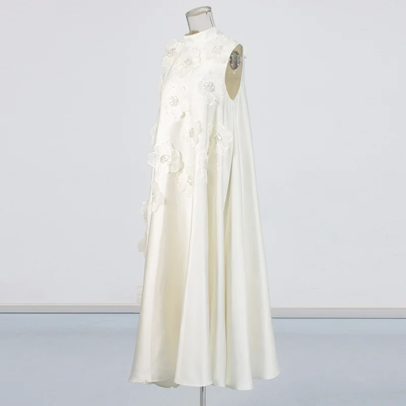 Damen Rosa Ärmelloses Midikleid mit Stehkragen, 3D-Blumen-Spitzenapplikationen, lockeres A-Linien-Satinkleid, elegantes Party- und Freizeitkleid – Detail 7