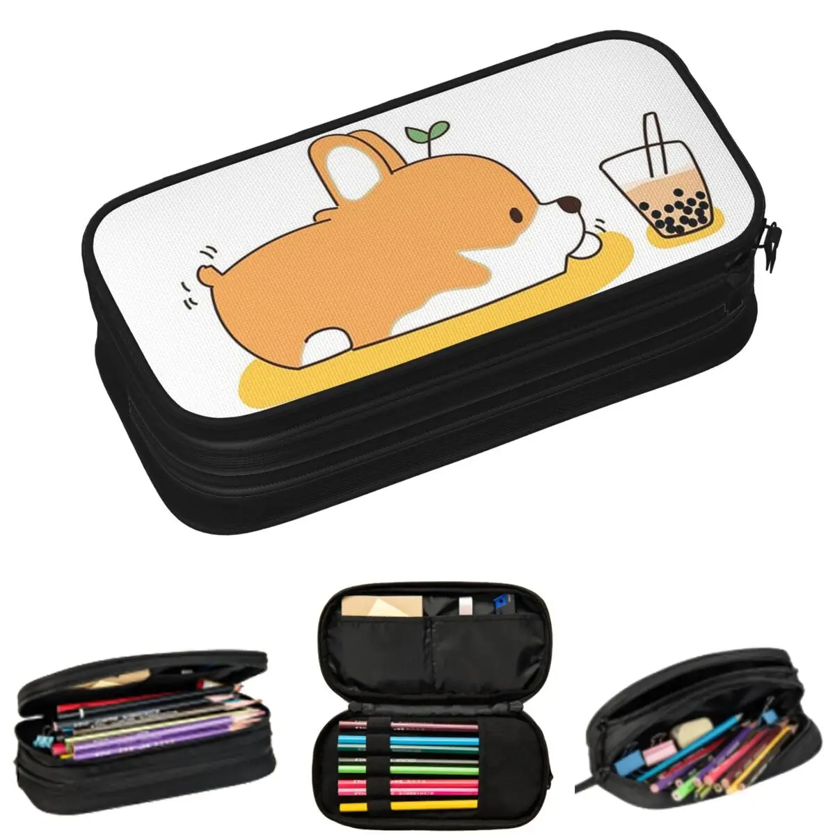 

Corgi And Bubble Tea Pencil Cases for Student School Pen Box Pencil Bag Big Capacity Pencil Pouch Storage Stationery Supplies