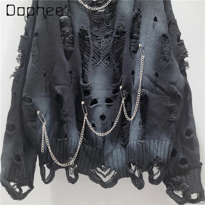 Harajuku Style Street Personality Ripped Hollow Sweater Women Korean Fashion Pin Round Neck Knitted Long Sleeve Pullover Autumn