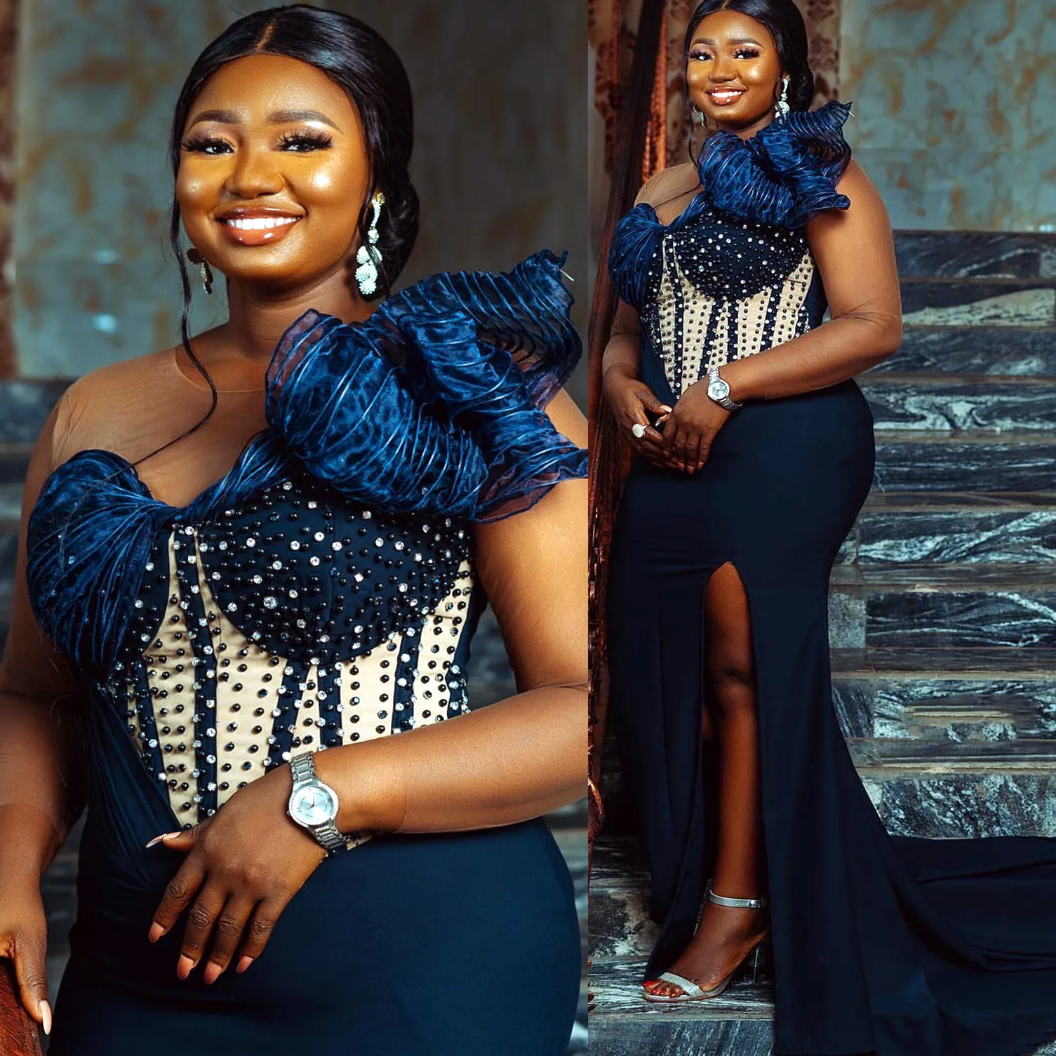 2024 Aso Ebi African Mermaid Navy Blue Prom Dresses Beaded Satin Evening Party Second Engagement Birthday Gowns Dress Z33