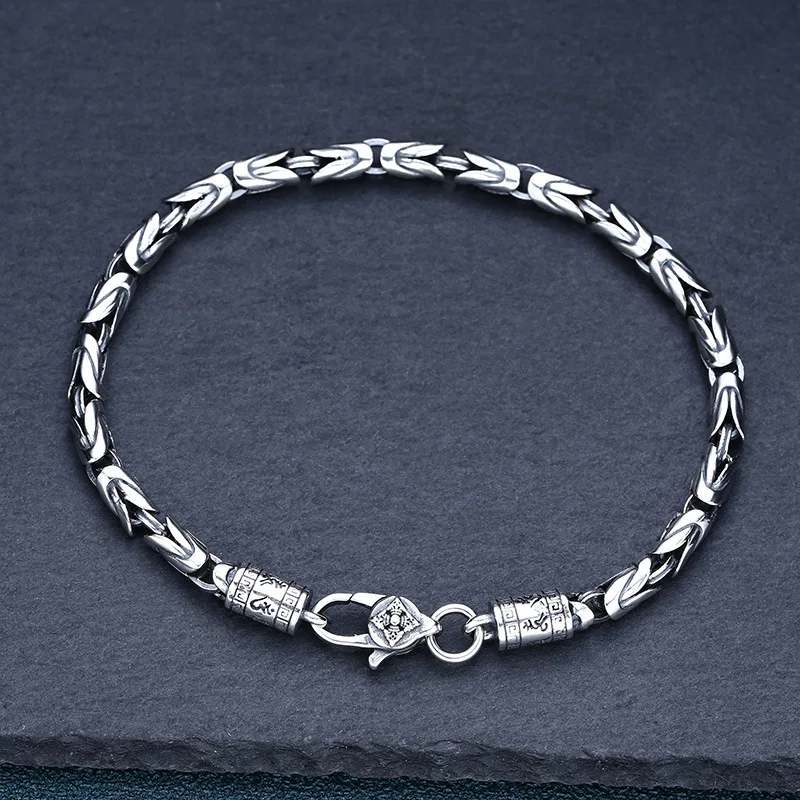 

Real S925 Sterling Silver Bracelet Women Men 4mm Round Byzantine Link Bracelet Vajra Lobster Clasp 18/20cm