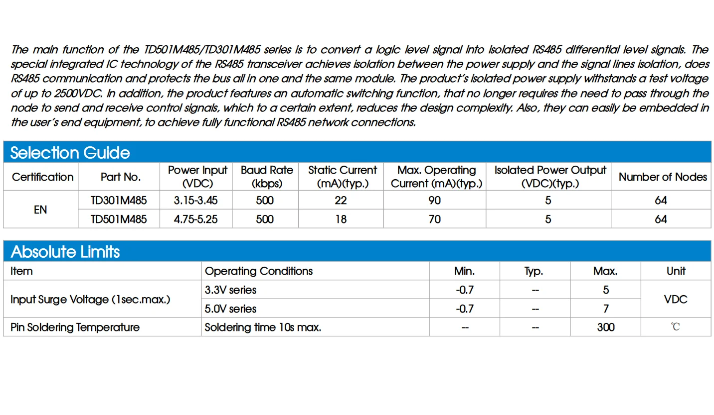 TD501M485 3.3V/5VDC/500Kbps Single high-speed RS485 isolated transceiver module