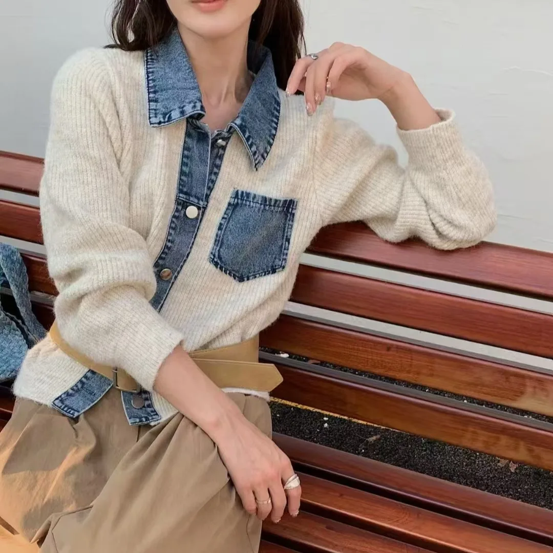 

Women's Knitted Denim Splice Sweater Coat Casual Autumn New Slim Fit Open Cardigan