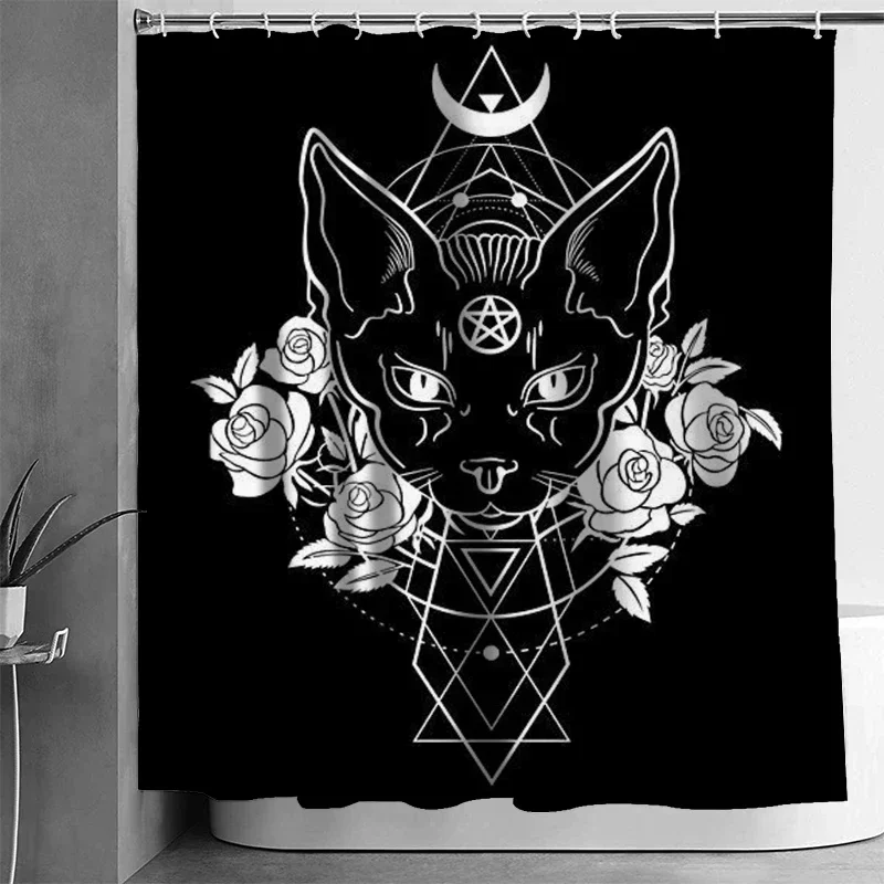 Satanic Cat Shower Curtain,Gothic Satanic Cat Pentagram Death Black Metal Waterproof Polyester Bathroom Curtains Set with Hooks
