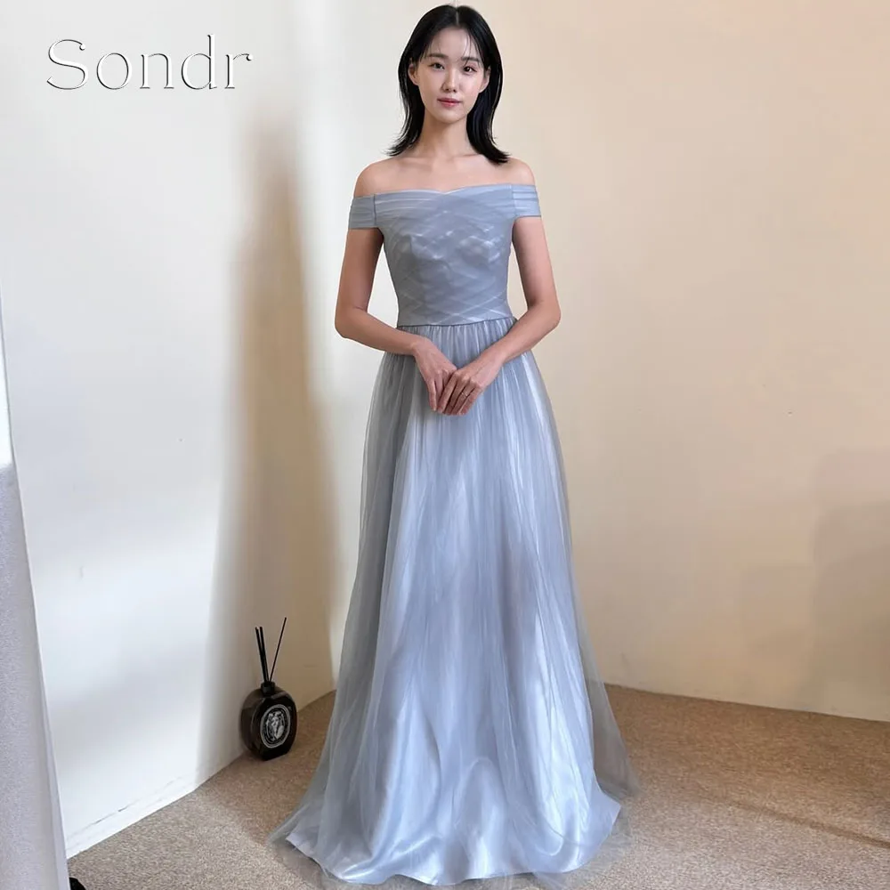 Sondr Customized Boat Neck Korean Evening Dresses Photo Shoot Tulle Blue Japanese Women Party Gown Music Performance Dresses